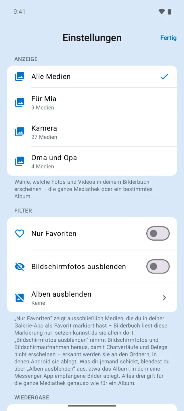 Einstellungen mit der Auswahl eines Albums