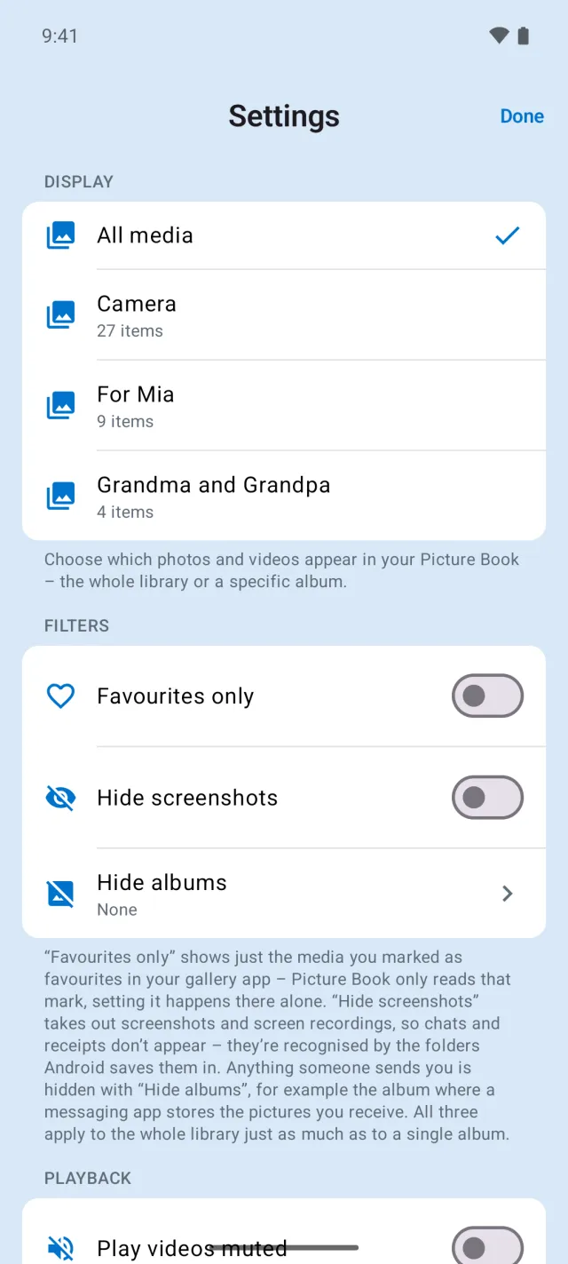 Settings with a single album selected