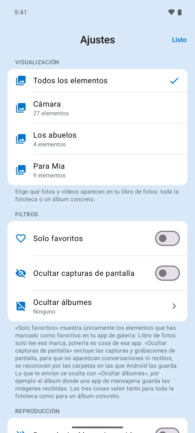 Ajustes con la selección de un álbum