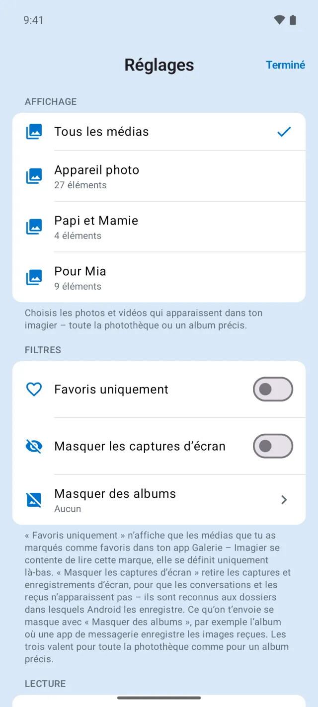 Réglages avec le choix d’un album