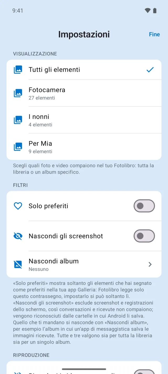 Impostazioni con la scelta di un album