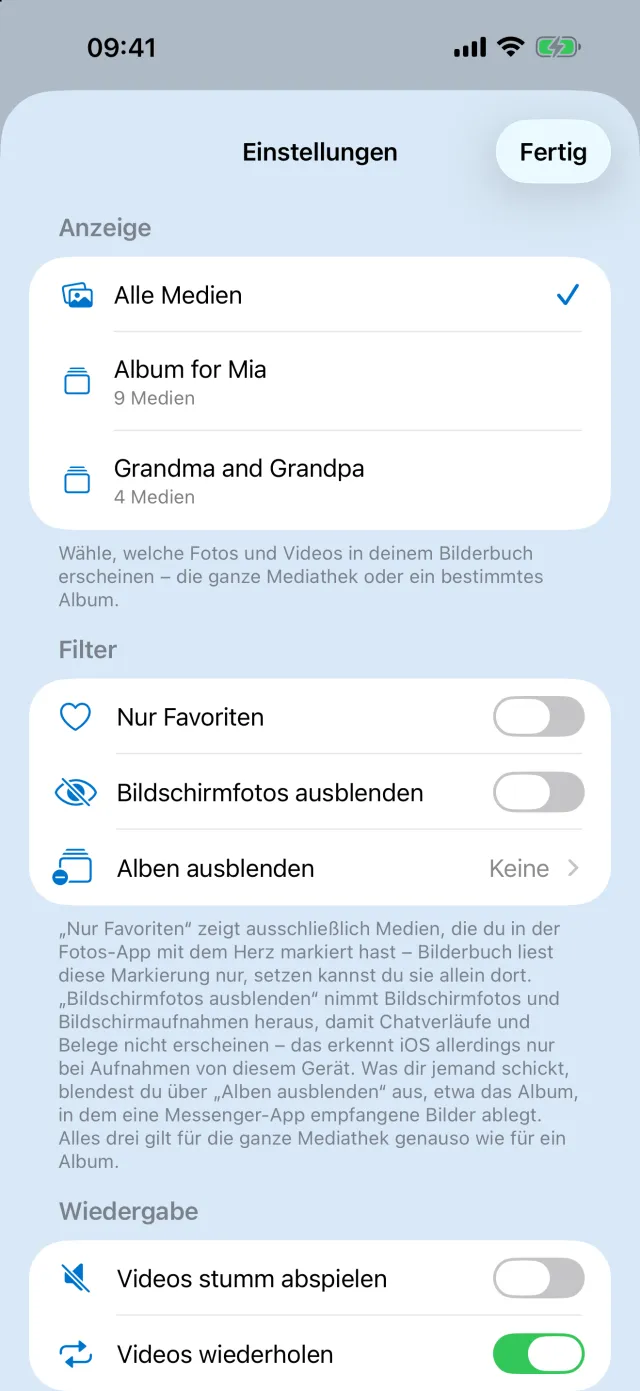 Einstellungen mit der Auswahl eines Albums