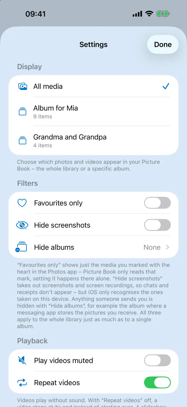 Settings with a single album selected