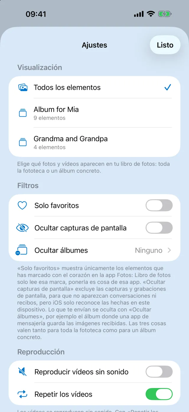 Ajustes con la selección de un álbum