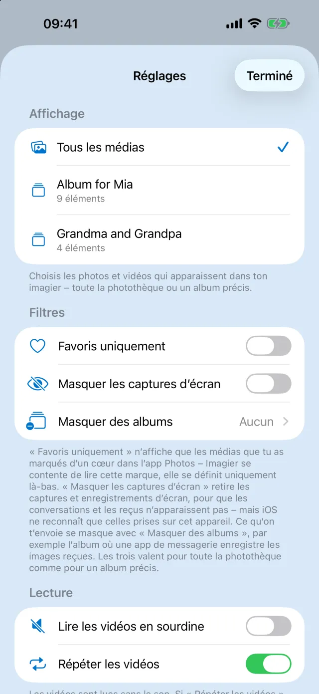 Réglages avec le choix d’un album
