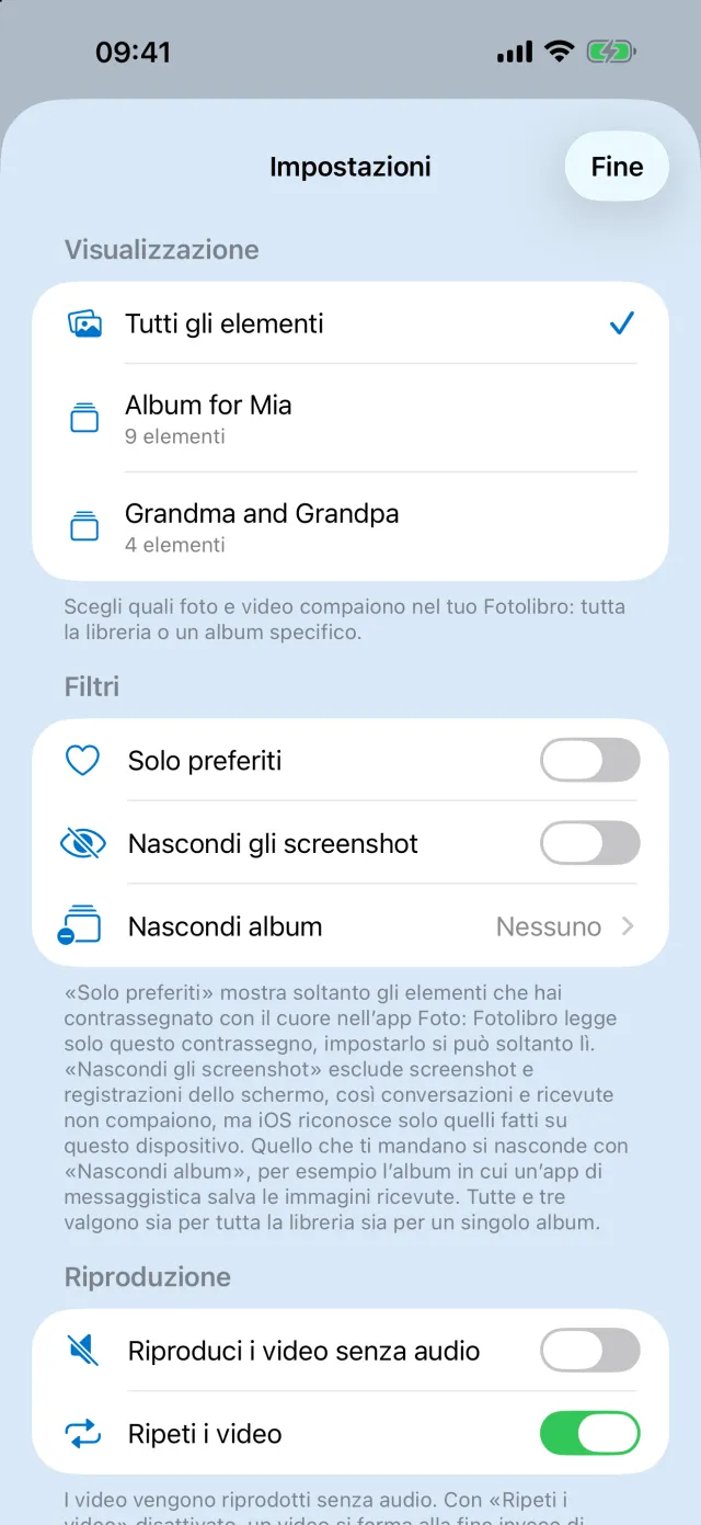 Impostazioni con la scelta di un album