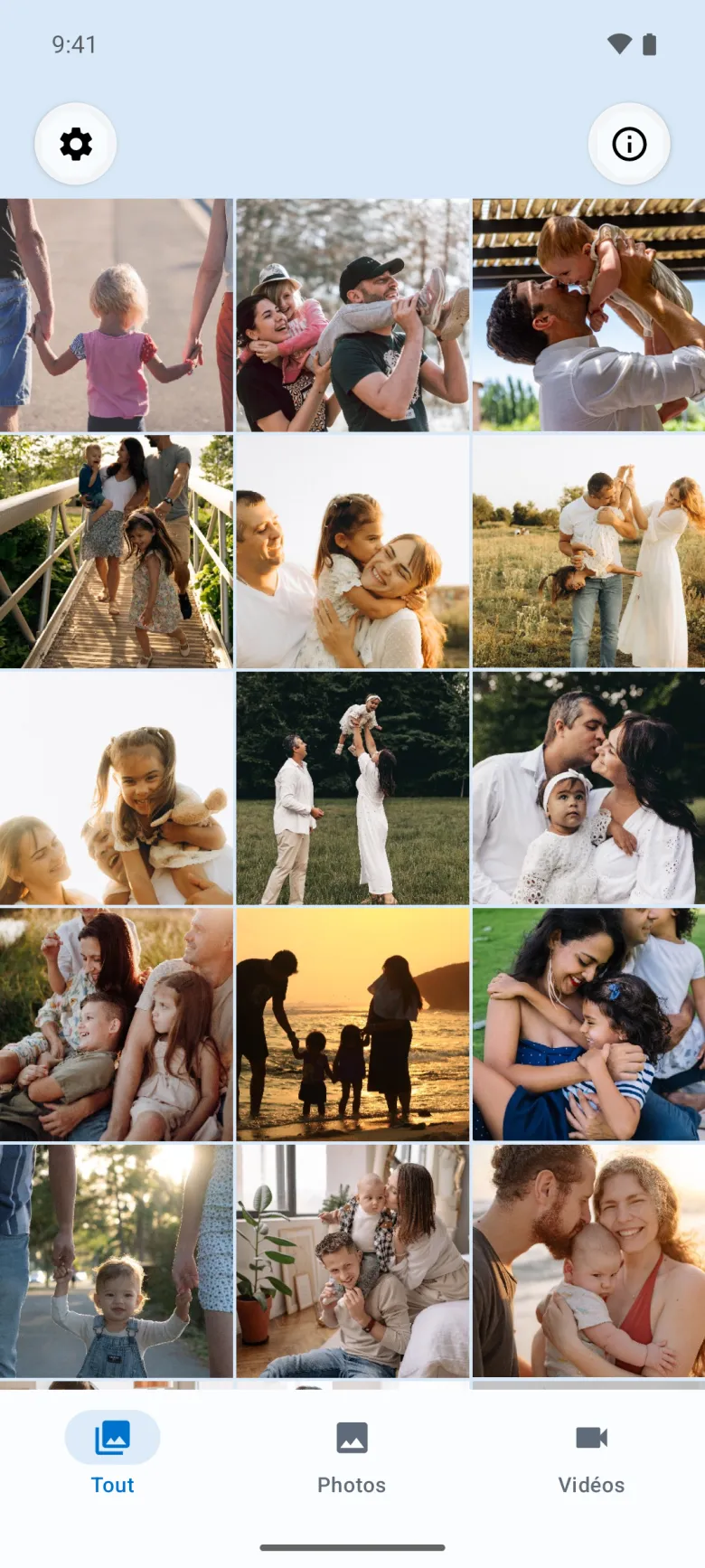 Imagier sur un téléphone Android : une grille de photos de famille